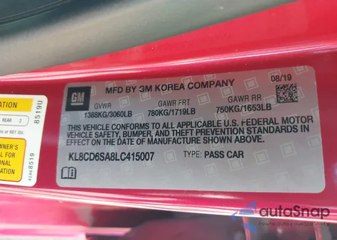 2020 Chevrolet Spark Fwd 1Lt Automatic из США, поврежденный, VIN KL8CD6SA8LC415007